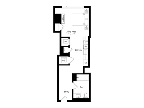 a floor plan of a unit with a living area, kitchen, and bathroom.